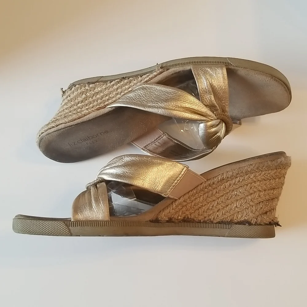 Liz Claiborne Gold Metallic Leather Espadrille/Slides/Mules